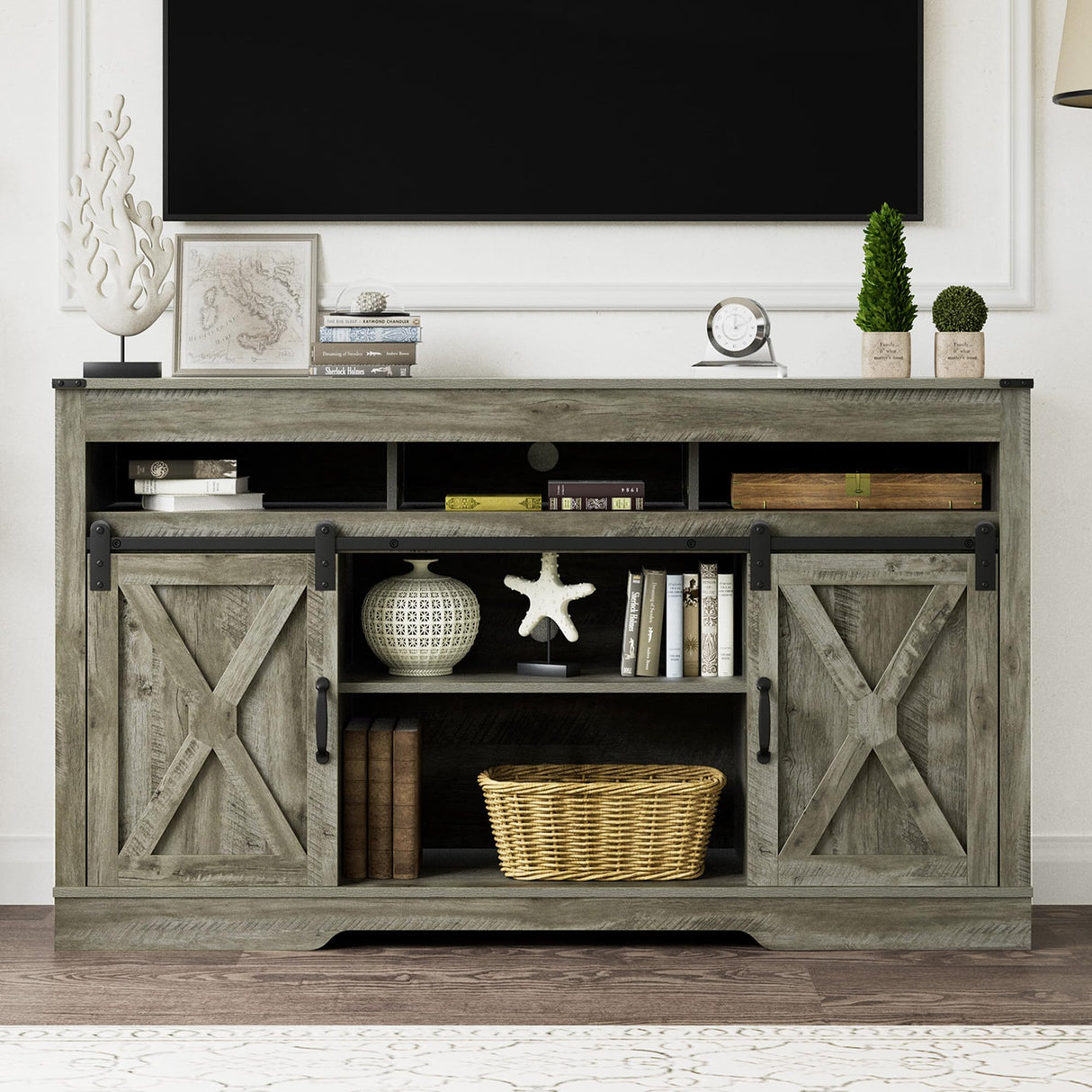 FansaFurn Farmhouse TV Stand for 65+ Inch TV, 34'' Tall Entertainment Center with Sliding Barn Doors, Rustic Wood Media Console Storage Cabinet Television Stand for Living Room, Bedroom Light Grey FansaFurn