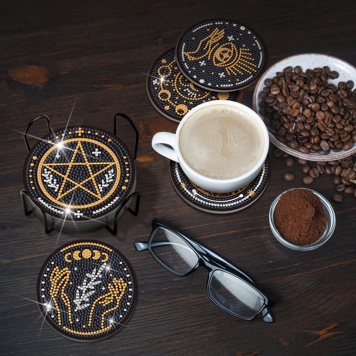 Xuhal 12 Pcs Tarot Diamond Painting Coasters Kits DIY Tarot Diamond Art Coasters with Holder DIY Drinks for Adults Craft Supplies Art Gift, 12 Styles Xuhal