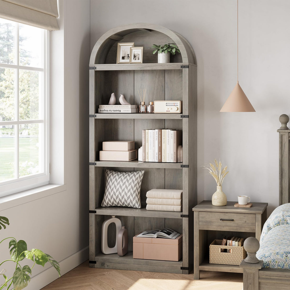GarveeHome Bookcase 5 Shelf Arched Bookshelf 71.65 in Tall Bookcase Farmhouse Display Storage Rack Wooden Bookshelves for Home Office, Living Room (Rustic Gray) GarveeHome