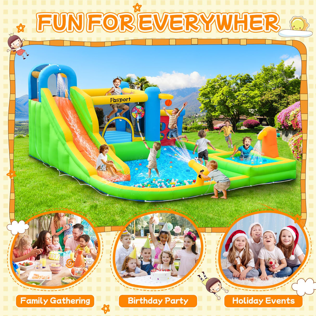 FBSPORT Inflatable Bounce House, 9 in 1 Water Slide with Blower, Bouncy House for Kids Indoor Outdoor Wet Dry Combo Water Bounce House with Football Shooting, Water Gun, Splash Pool, Bounce Area, Hose FBSPORT