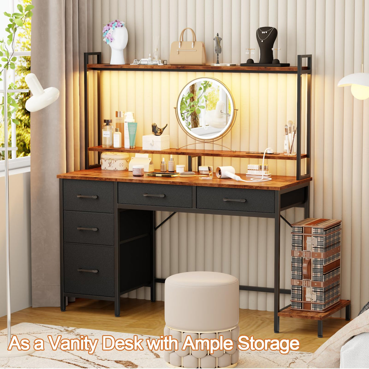 Korfile Computer Gaming Desk with Hutch, Home Office Desk with Power Outlets, LED Light, 5 Storage Drawers, 2 Tiers Shelves for Display, 47 Inch Modern Study Writing Table for Bedroom, Rustic Brown Korfile