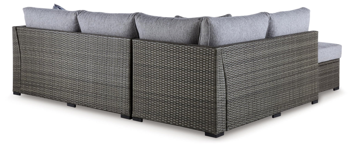 Signature Design by Ashley Petal Road Casual Weather Resistant Cushioned Outdoor Loveseat Sectional/Ottoman/Table Set with 2 Throw Pillows, Set of 4, Gray Signature Design by Ashley