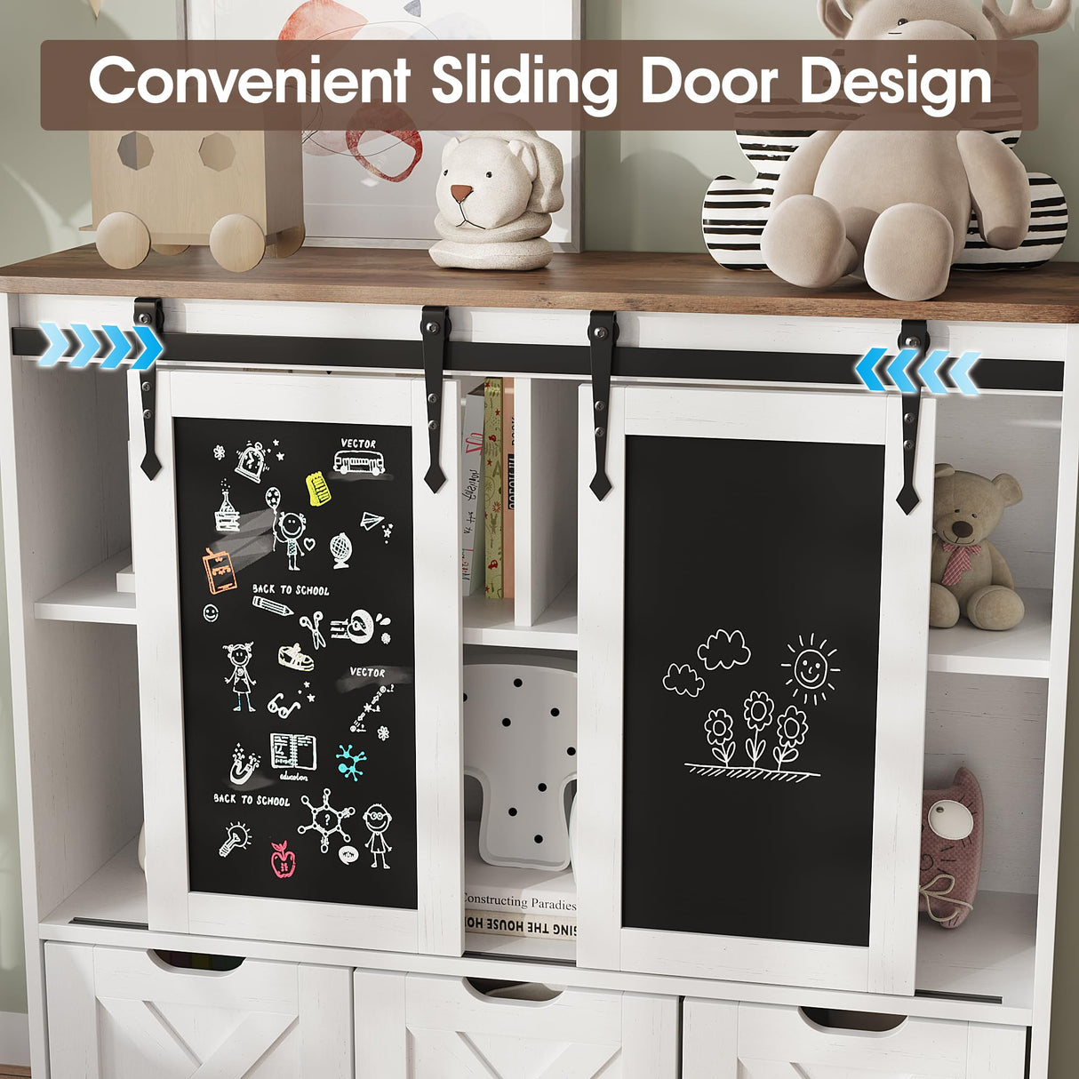 Vabches Toy Storage Organizer with Sliding Blackboard, Kids Bookshelf and Bookcase with 3 Movable Drawers & 5 Storage Cubbies, Multifunctional Storage Cabinet Toy Chest for Playroom,Nursery, Kids Room Vabches