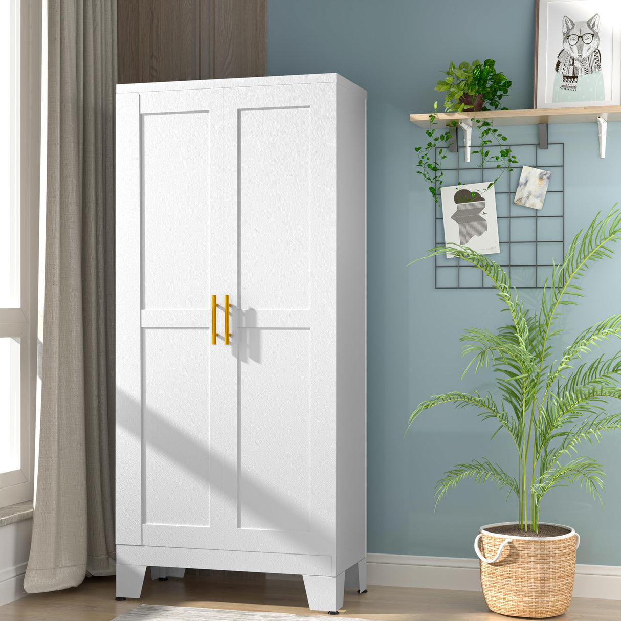 erosoei 61.02”H Pantry Storage Cabinet, Kitchen Storage Cabinets with Adjustable Feet and Shelves, Metal Pantry Cabinet for Kitchen, Living Room, Laundry Room and Dinning Room (2door-White) erosoei