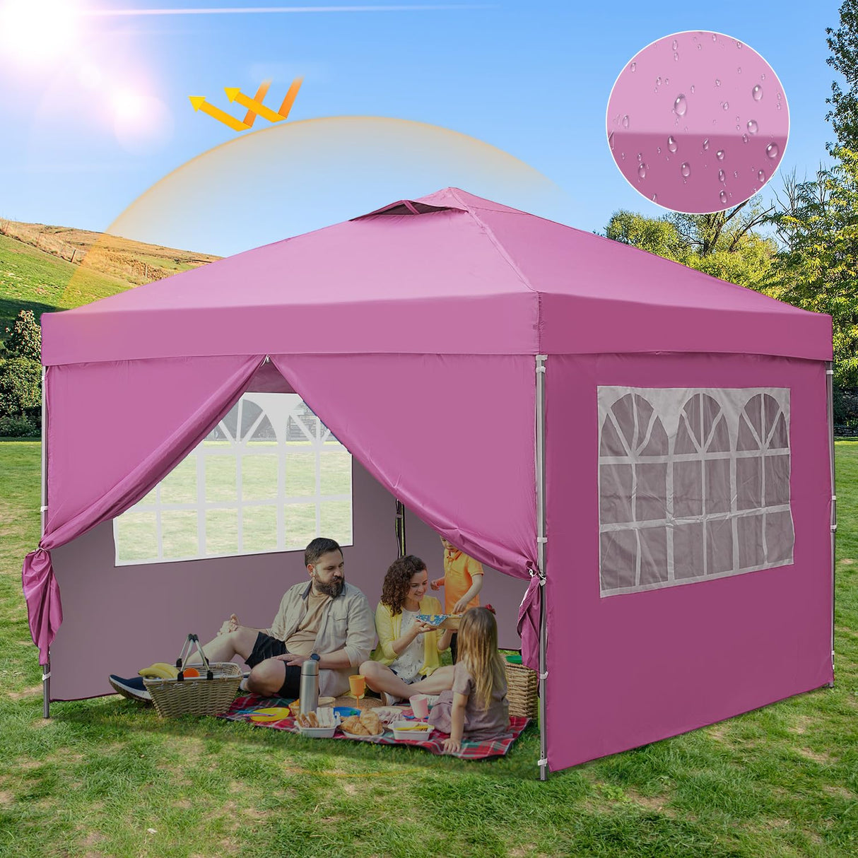 GDY 10x10ft Pop-up Paint Tent, Pink Canopy Tent, Instant Shelter Portable Outdoor Canopies with 4 Removable Side Walls. GDY