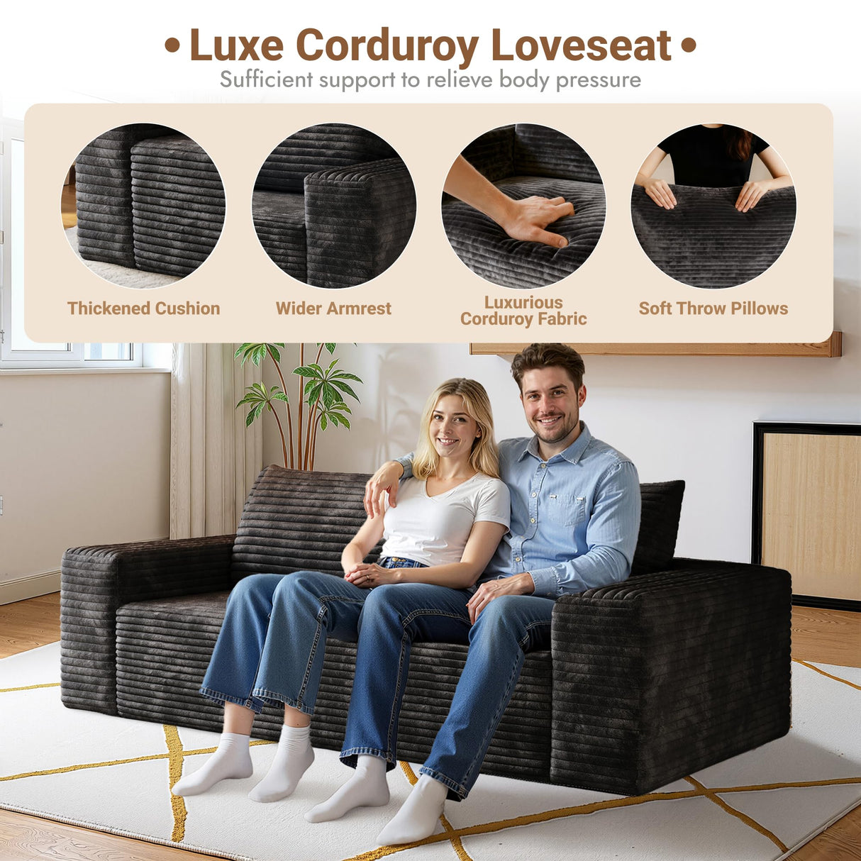 63 Inch Loveseat Sofa - Boneless Couch Plush Corduroy Upholstery, No Assembly Needed, Ultra Comfy for Small Spaces, Living Room, Bedroom & Apartment FAVSH