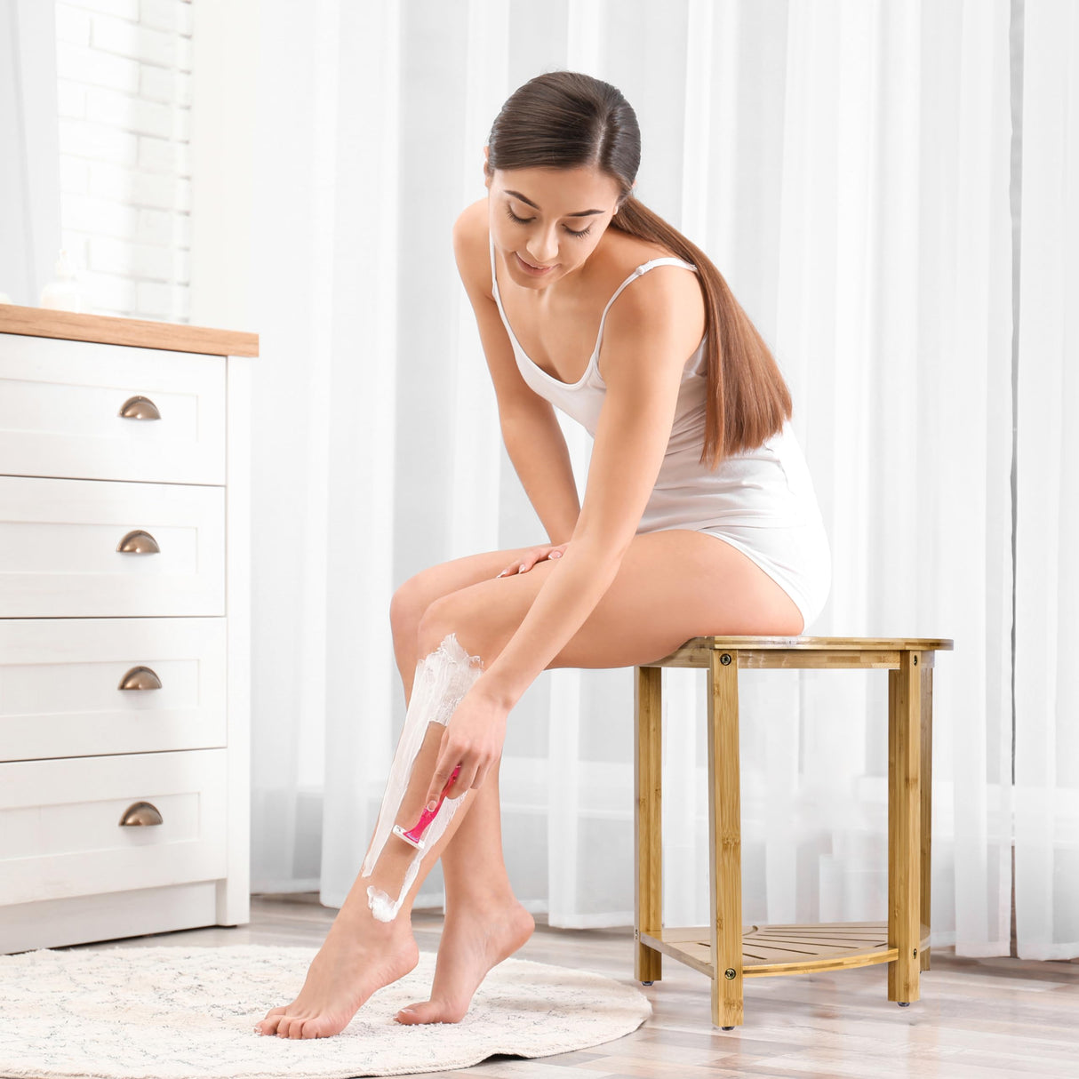 Sorbus Bamboo Shower Stool - Corner Bath Bench - Waterproof Wood Chair for Inside Shower - Bathtub Seat with Shelf for Shaving Legs - Small Corner Step Stool Foot Rest for Bathroom Bamboo Side Table Sorbus