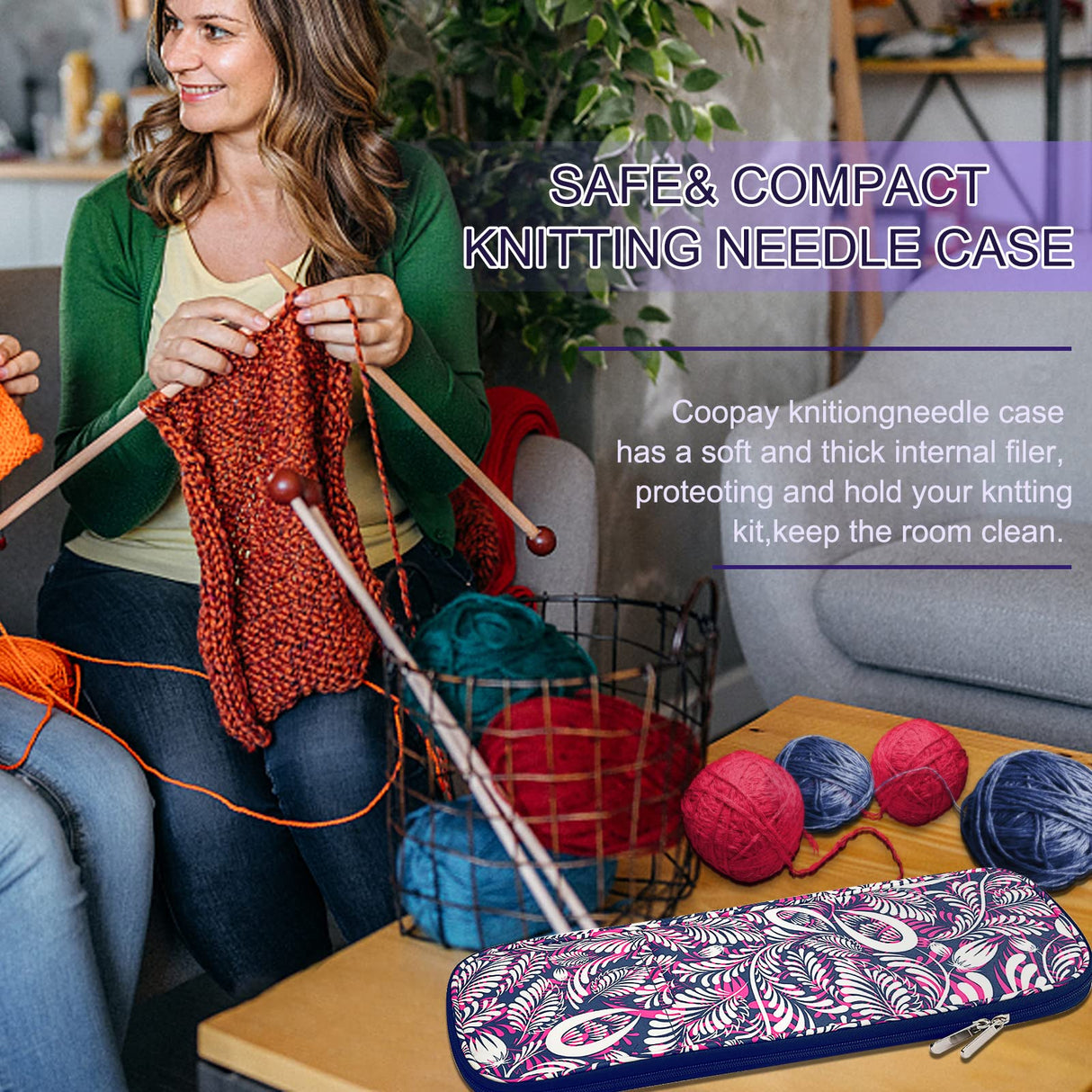 Coopay Knitting Needles Case Travel Knitting Needle Organizer Storage for Straight Knitting Needles (Up to 14''), Tunisian Crochet Hooks, DPNs, Crochet Accessories and Supplies, Pink-Purple Coopay