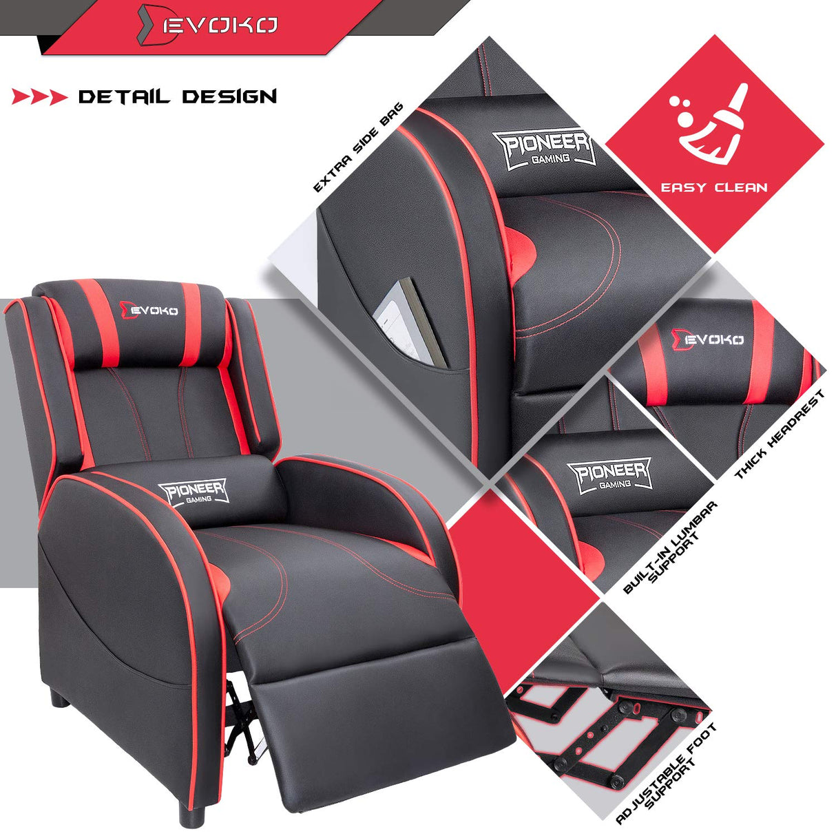 Devoko Massage Gaming Recliner Chair PU Leather Home Theater Seating Single Modern Living Room Sofa Recliners (Red) Devoko