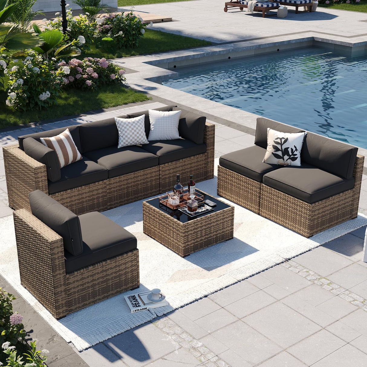 Aoxun Patio Furniture Sets, 7-Piece Outdoor Patio Furniture with Thick Cushions, Wicker Outdoor Conversation Set Sectional Sofa for Backyard, Poolside, Garden Aoxun