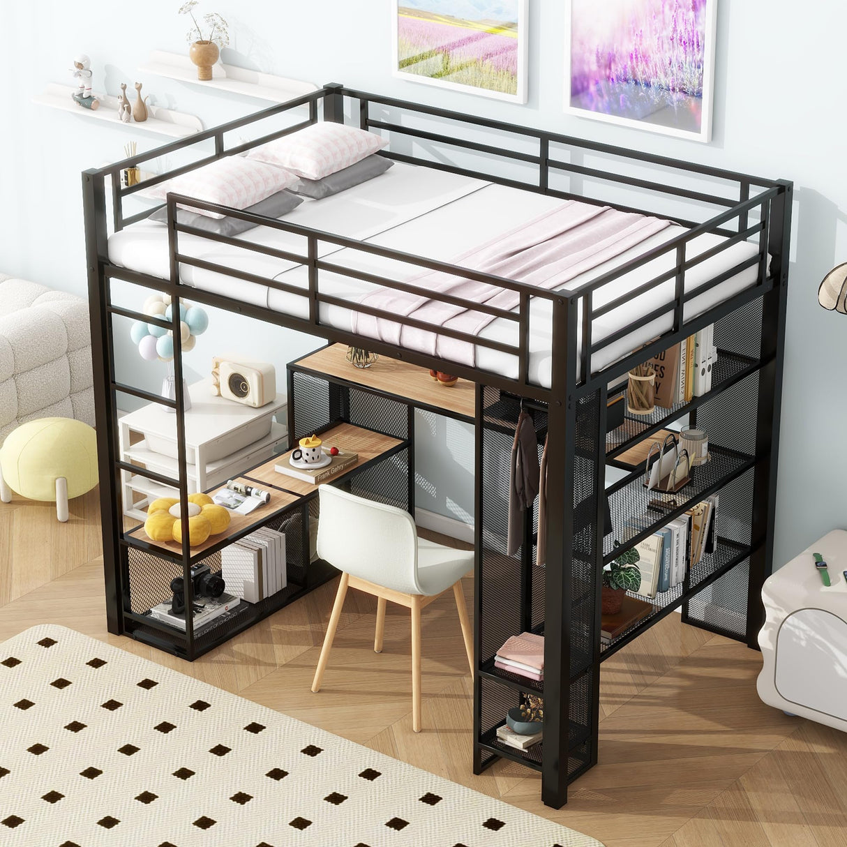 Harper & Bright Designs Full Size Loft Bed with Storage Shelve, Metal Full Loft Bed with Desk & Open Wardrobe, 12.8" H Safety Guardrail, No Box Spring Needed, Black Harper & Bright Designs