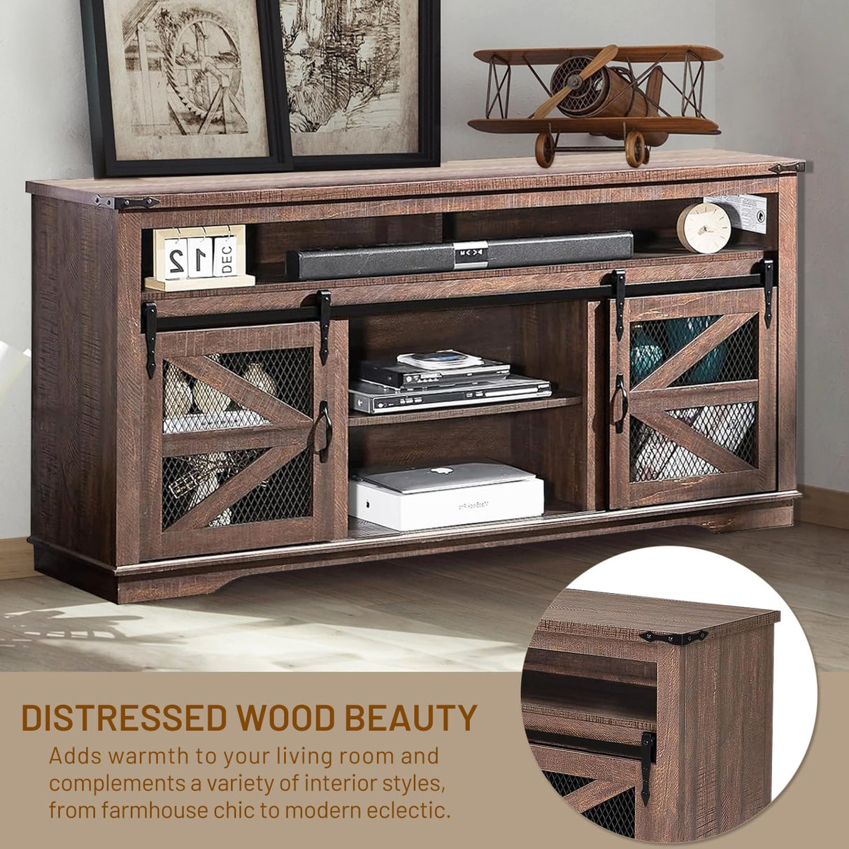 Zanzio XZ0-66TVS Rustic Farmhouse TV Stand, Distressed Brown Zanzio