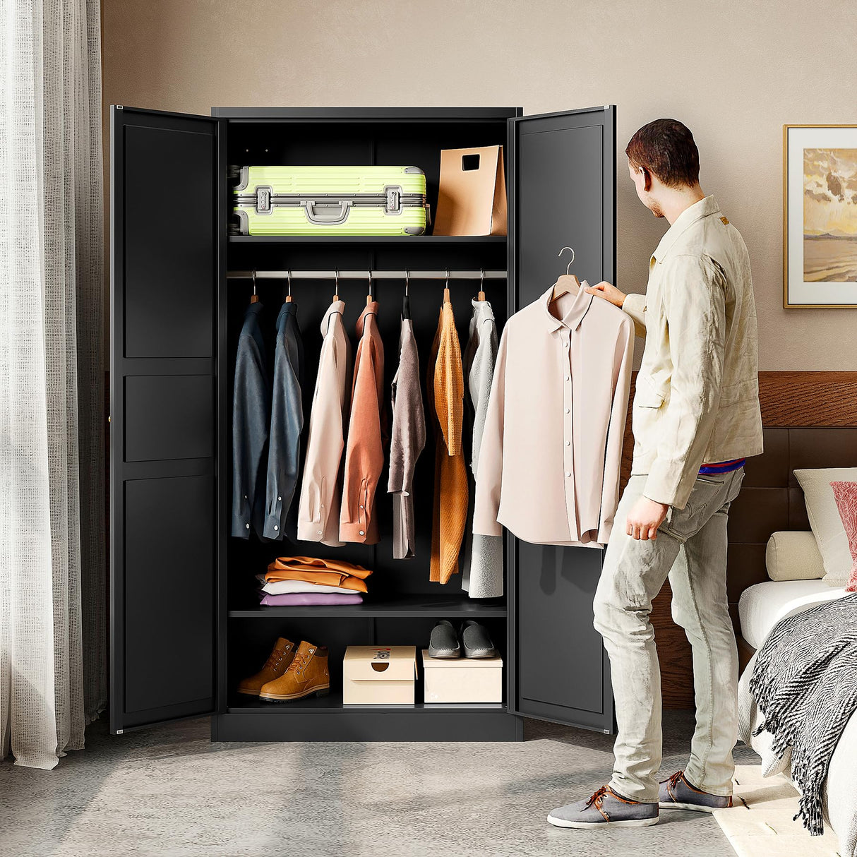 BYNSOE Metal Armoire Wardrobe Closet with 2 Doors 72'' Wardrobe Cabinet with Hanging Rail Metal Closet with Adjustable Shelves for Bedroom Require Assembly (Black, 72inch) BYNSOE