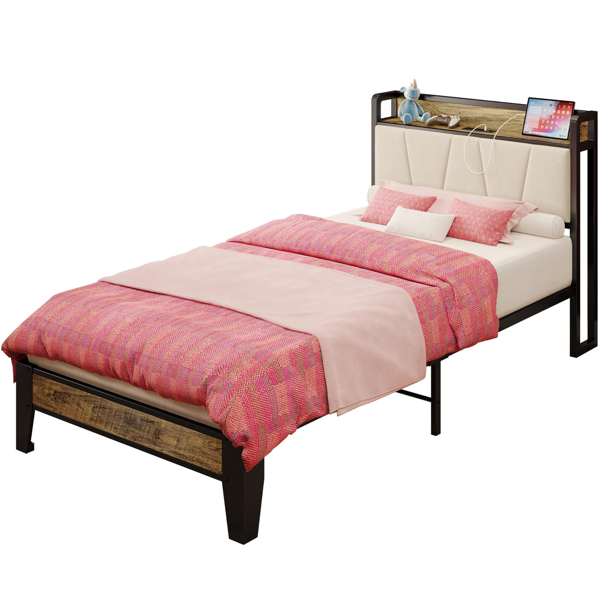 LIKIMIO Twin XL Bed Frame with Storage Headboard and Charging Station - Stylish Walnut and Beige Design LIKIMIO