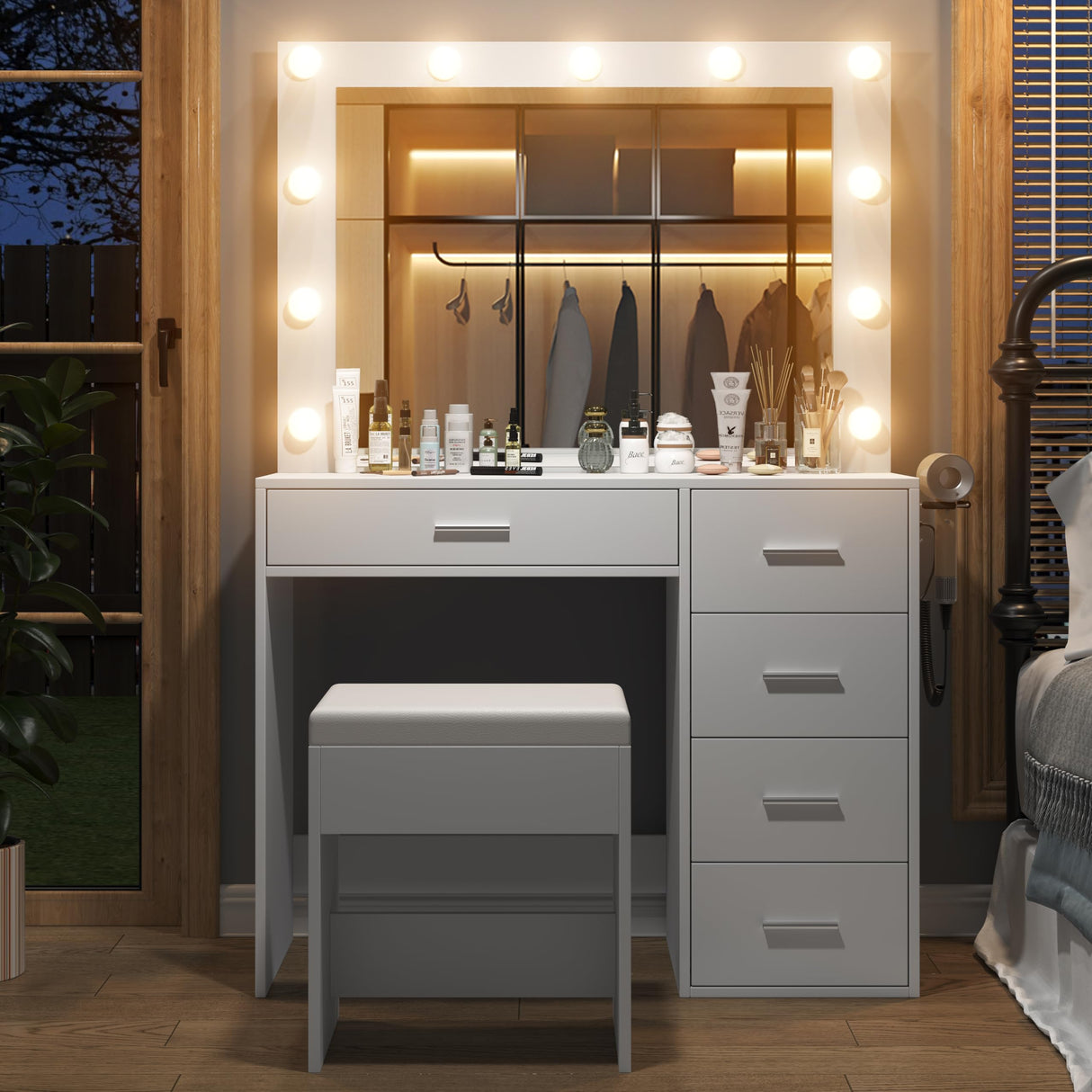 Yanosaku Vanity Desk & Power Outl,Makeup Vanity with Mirror and 11 LED Lights, Makeup Table with 5 Drawers,Vanity Table with Chair,Vanity Set 3 Lighting Modes Brightness Adjustable for Bedroom, White Yanosaku