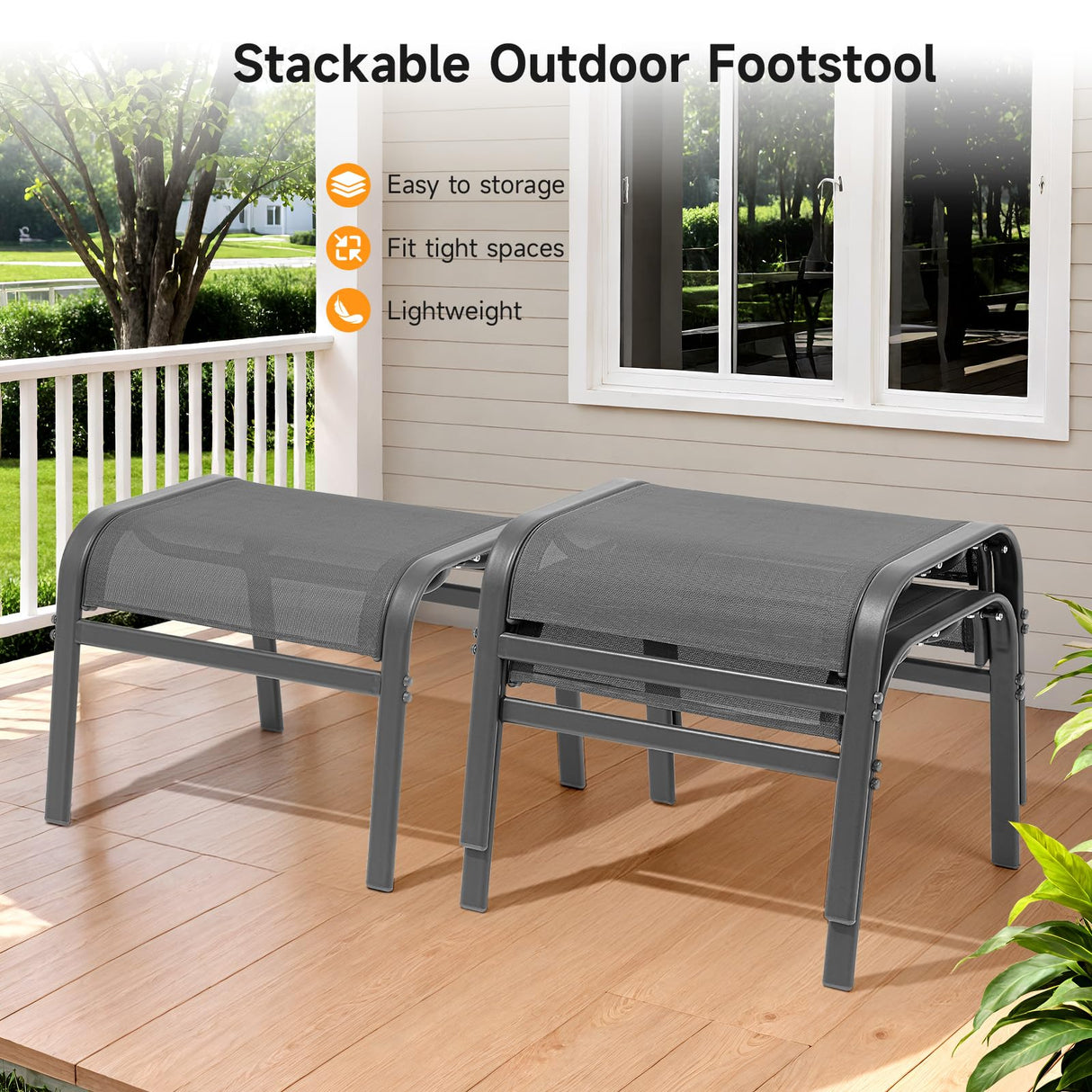 ONBRILL Outdoor Ottoman Set of 2, All Weather Outdoor Foot Stool with Supportive Textliene and Metal Frame, Stackable Oversized Outdoor Foot Rest for Furniture Patio Garden Pool, Grey ONBRILL