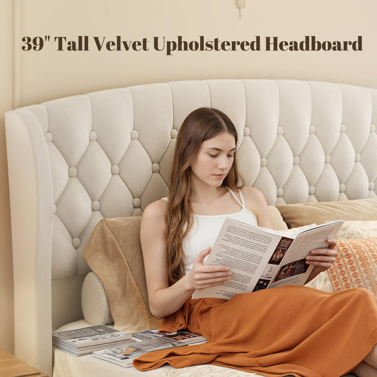 HISOFT Queen Bed Frame, 39" Tall Velvet Upholstered Sleigh Bed with Wingback Headboard & Scroll Footboard, No Box Spring Needed, Sturdy Support, Easy Assembly, Noise Free, Button Tufted, White HISOFT