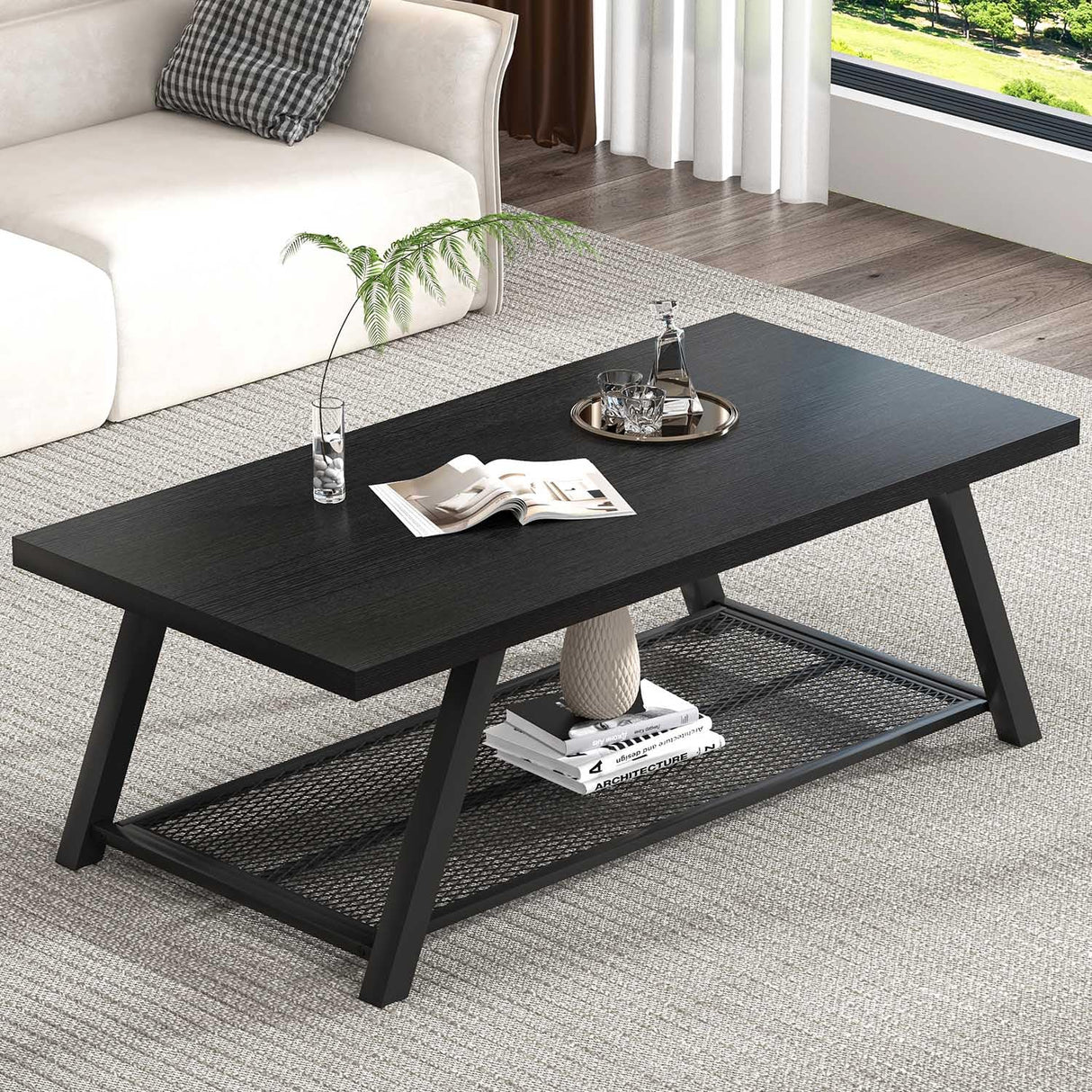 FOLUBAN Black Coffee Table, Modern Rustic Wood and Metal Living Room Table with Storage Shelf, Industrial Rectangle Cocktail Tea Table, 47 Inch