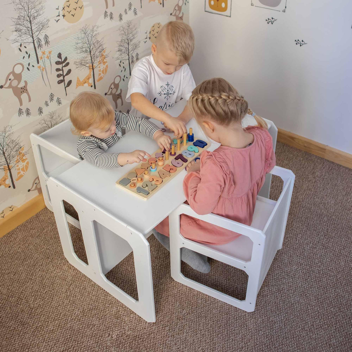 Sweet Home from wood Montessori Wooden Kids Play Table Set, Toddler Table Set or Preschool Learning Table or Chair, Weaning Table, Kids Play Table (White Color Set 1 Table and 2 Chair) Sweet Home from wood