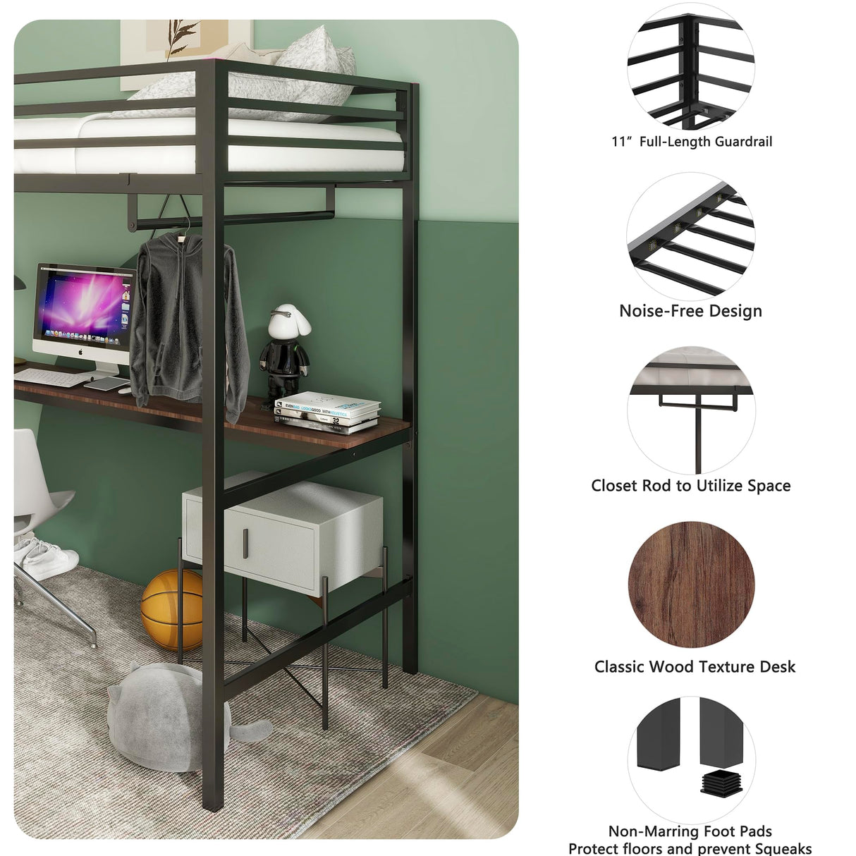 Twin Size Loft Bed with Desk and Closet Rod for Kids,Heavy Duty Loft Bed Frame with Safety Guardrail, Loft Metal Bunk Bed Twin Size, Space-Saving, Noise Free,Black Bellemave