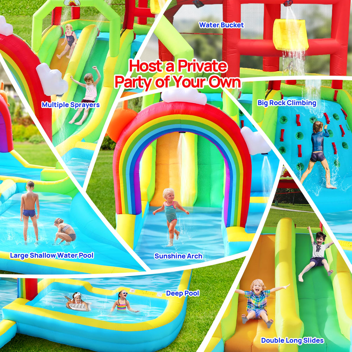 WELLFUNTIME Inflatable Water Double Slides Park with Blower, Bouncy Castle with Rainbow Water Curtain, with Shooting and Rock Climbing WELLFUNTIME