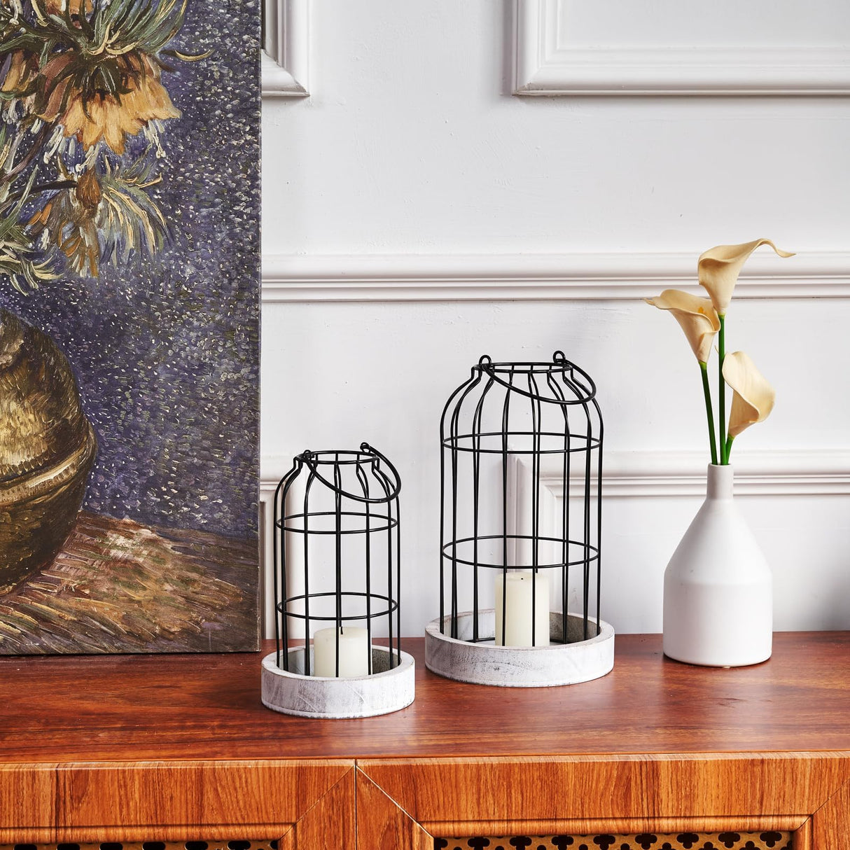 PHOSPHOR Rustic Farmhouse Decor Lantern Set of 2 Modern Farmhouse Decorative Indoor for Kitchen Fireplace Centerpiece Table Dinning Living Room PHOSPHOR