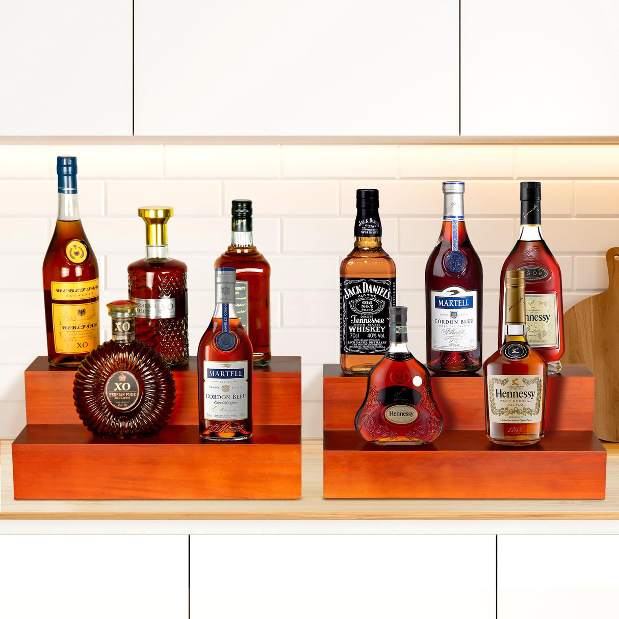 Alytree Expandable Liquor Bottle Display Shelf,2 Pack bar Shelves for Liquor Bottles, 2 Tier bar Bottle Display Shelf, Real Wood Liquor Shelf for Home Bar Alytree