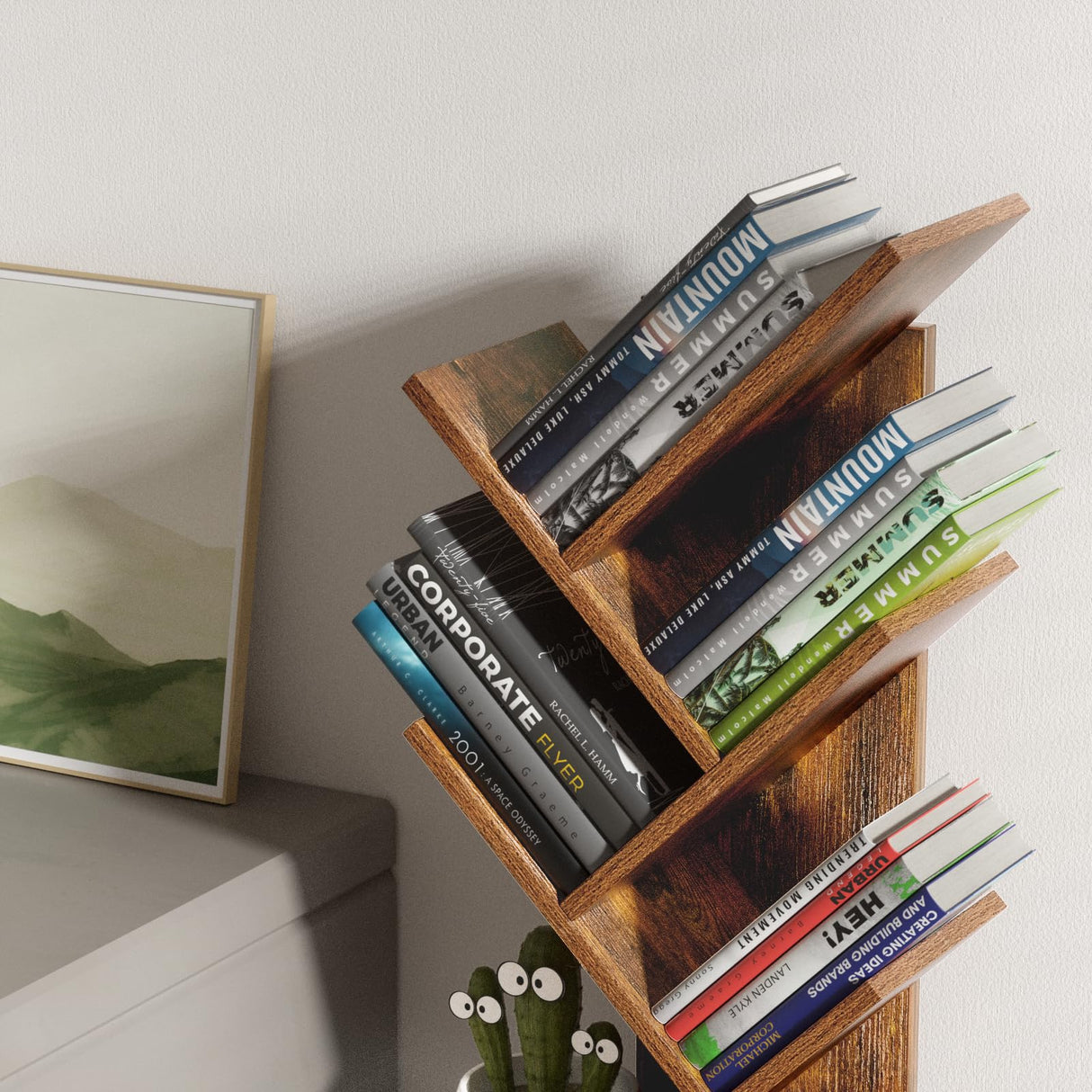 SHEEPAM 5 Tier Tree Book Shelf, Small Desktop Bookshelf with Storage Organizer, Wood Bookcase, Desk Display Bookshelves, Floor Standing Organizer Bookcases for Living Room,Bedroom,Office-Brown SHEEPAM