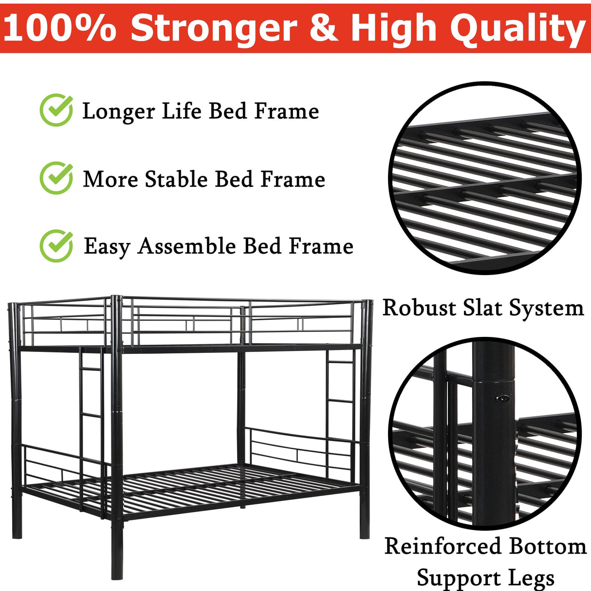 ZMIZAKOY Heavy Duty Full Over Full Bunk Bed for Kids Adults Teens, Metal Bunk Bed Full Over Full with Sturdy Guard Rail & 2 Side Ladders, Convertible Bunkbed,No Box Spring Needed (Black) ZMIZAKOY