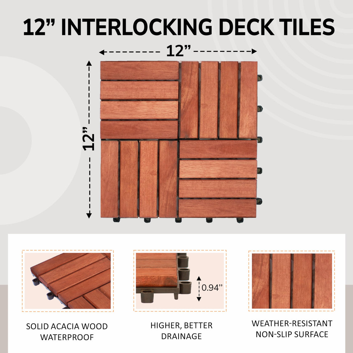 CLOVERHOLM Interlocking Deck Tiles-10PCS Waterproof Acacia Wood Patio Tiles, Easy Snap Flooring Tiles for Indoor and Outdoor,Balcony, Entry, Poolside Tiles, 12”x12”, 10sq.ft per Box, Teak CLOVERHOLM