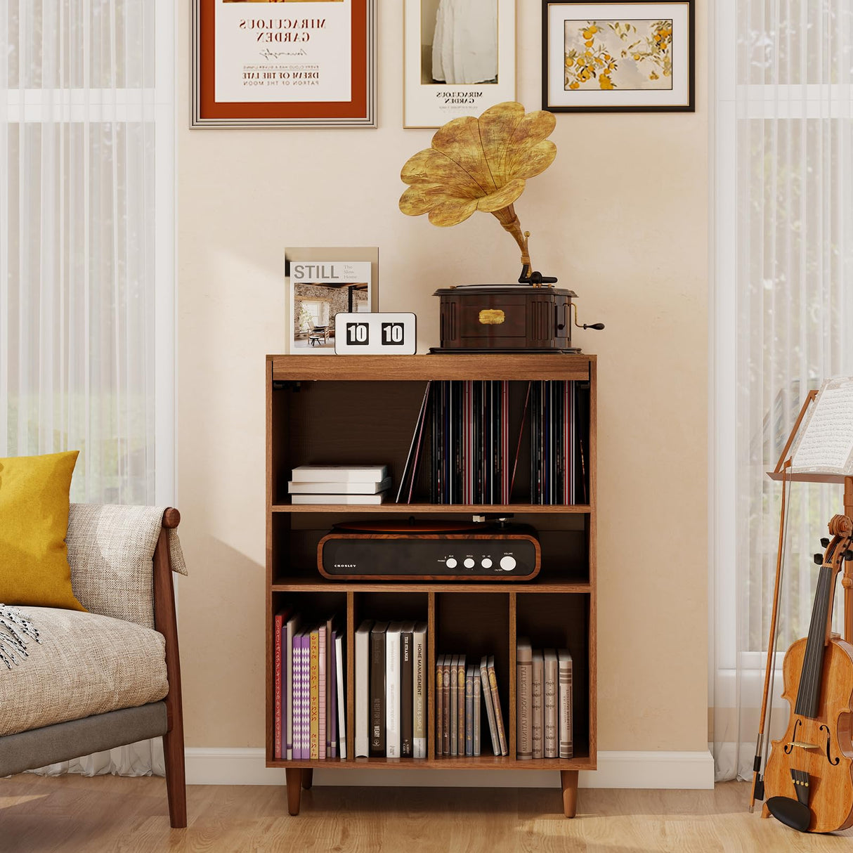 ELECWISH Record Player Stand with Vinyl Storage, Flip Top Media Cabinet, Audio-Video Stereo Cabinet,Mid-Century Turntable Table with Open Storage for Living Room, Bedroom, Walnut ELECWISH