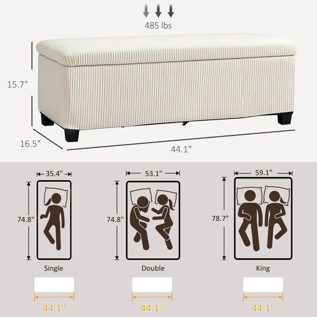 HOMCOM 44 Inches Storage Ottoman Bench, Foot Rest with Removable Lid, Legs, End of Bed Bench, Corduroy Storage Chest, Padded Seat, for Living Room, Bedroom, Entryway, Beige HOMCOM