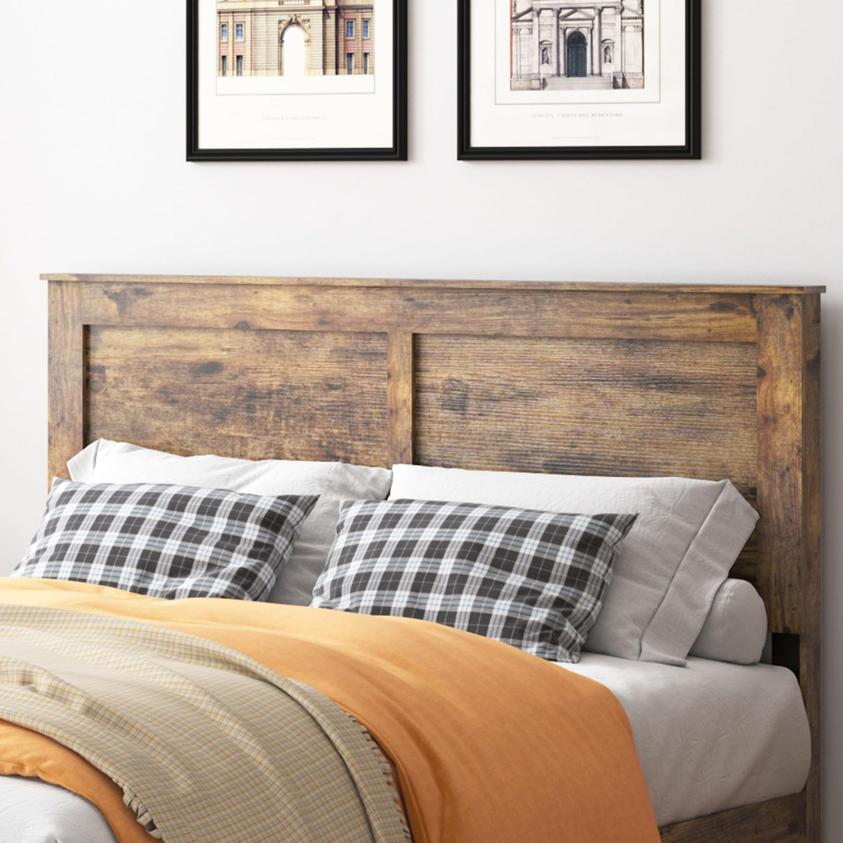 GJQN Queen Size Bed Frame with Headboard, Rustic Wood Platform Bed Frame with 12 Wooden Slats Support, No Box Spring Needed, Noise Free (Dark Brown, Queen) GJQN