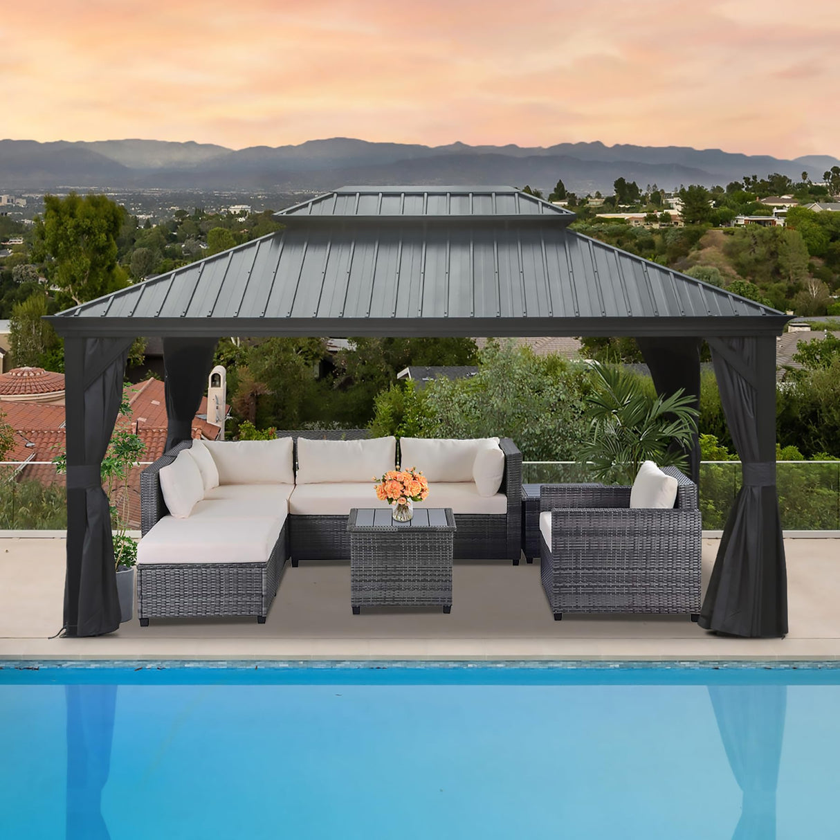 Domi Hardtop Gazebo 12x14FT, Outdoor Gazebo with Galvanized Steel Double Roof, Aluminum Frame, Built-in Gutter System, Curtain and Netting, Metal Gazebo Pavilion for Patio Deck Garden, Grey domi outdoor living