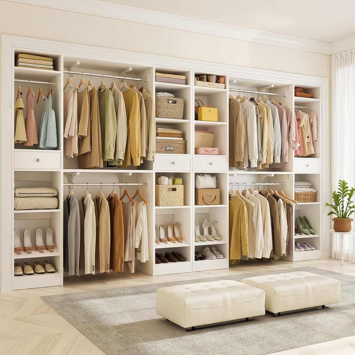 Unikito 10-15FT Closet Systems, Large Wood Walk in Closet Organizer with Hanging Rods and Drawers, Heavy Duty Closets Wardrobe with Shoe Rack, Sturdy Reversible Clothes Closet Kit, White, Set of 2 Unikito