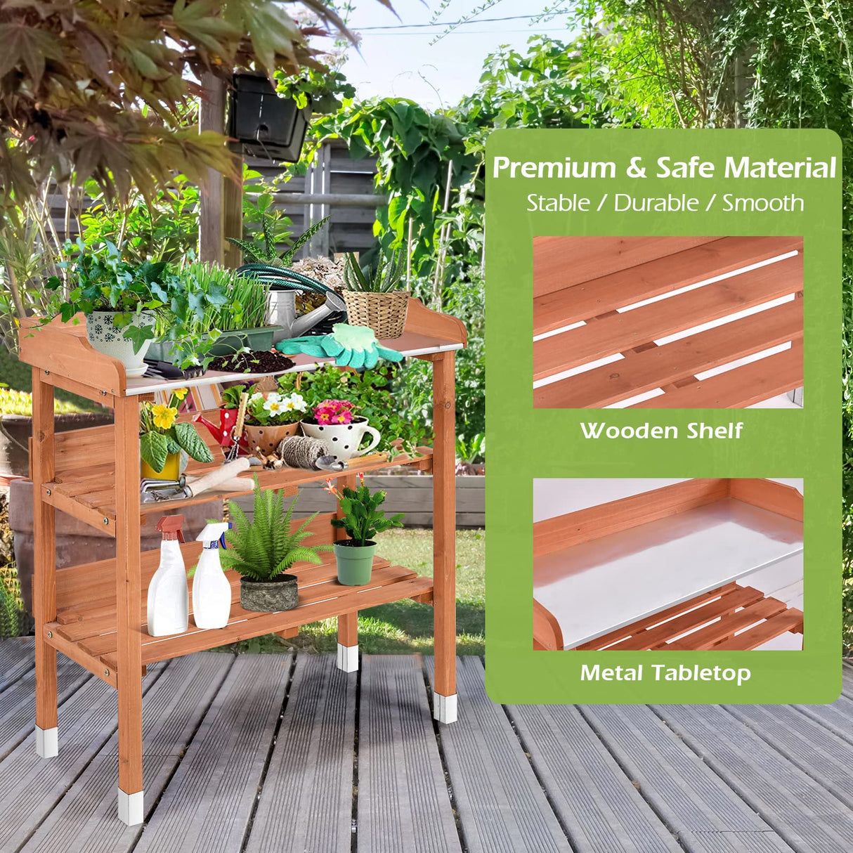 OFFICEJOY Outdoor Potting Bench, 3 Tier Wooden Garden Workstation Table w/Iron Tabletop, 2 Wood Shelf, 5 Hooks, Multifuction Work Station Table Rack for Garden, Backyard, Kitchen, Garage (Deep Oak) OFFICEJOY