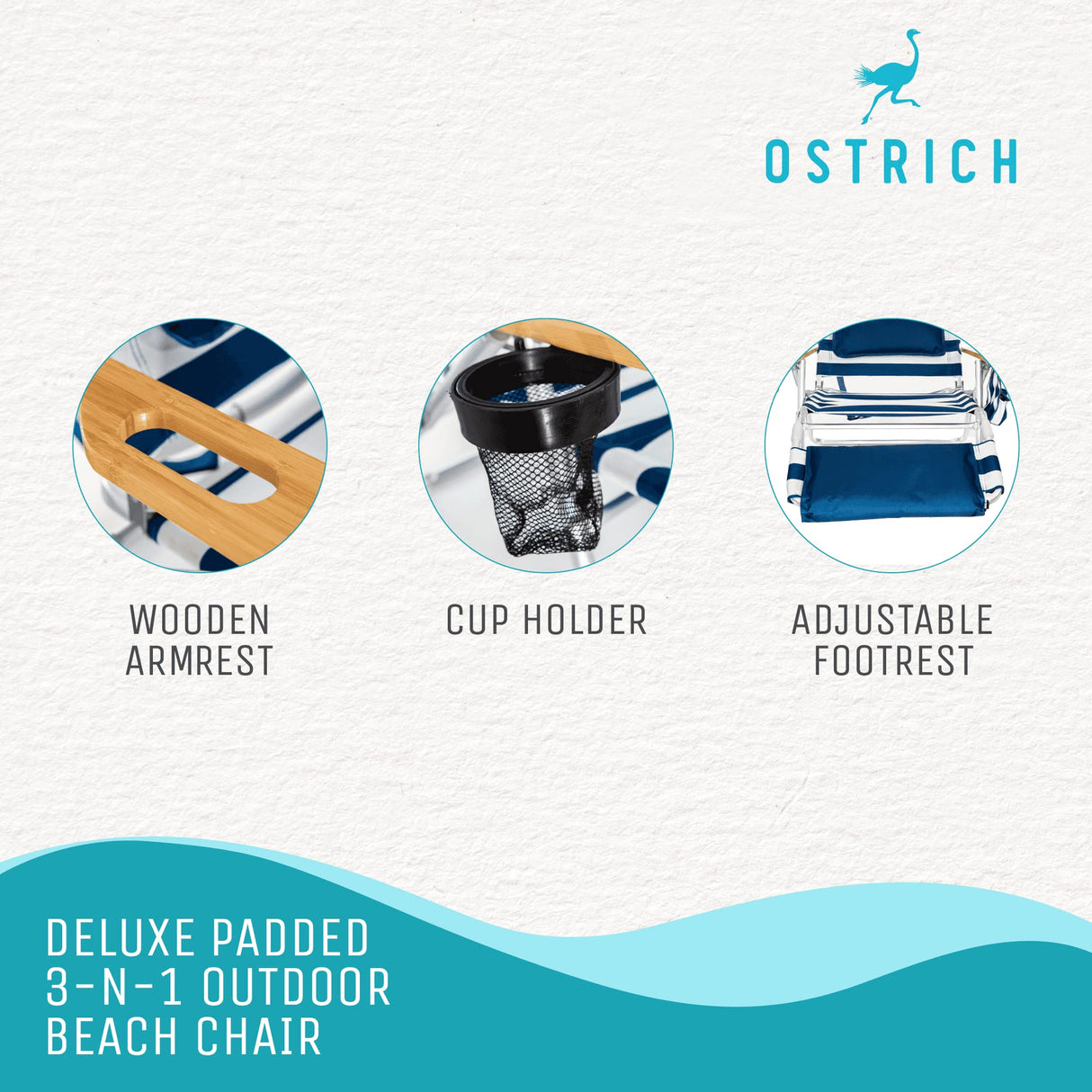 Ostrich Deluxe 3N1 Lightweight Lawn Beach Reclining Lounge Chair with Footrest, Outdoor Furniture for Patio, Balcony, Backyard, or Porch, Blue Stripe Ostrich