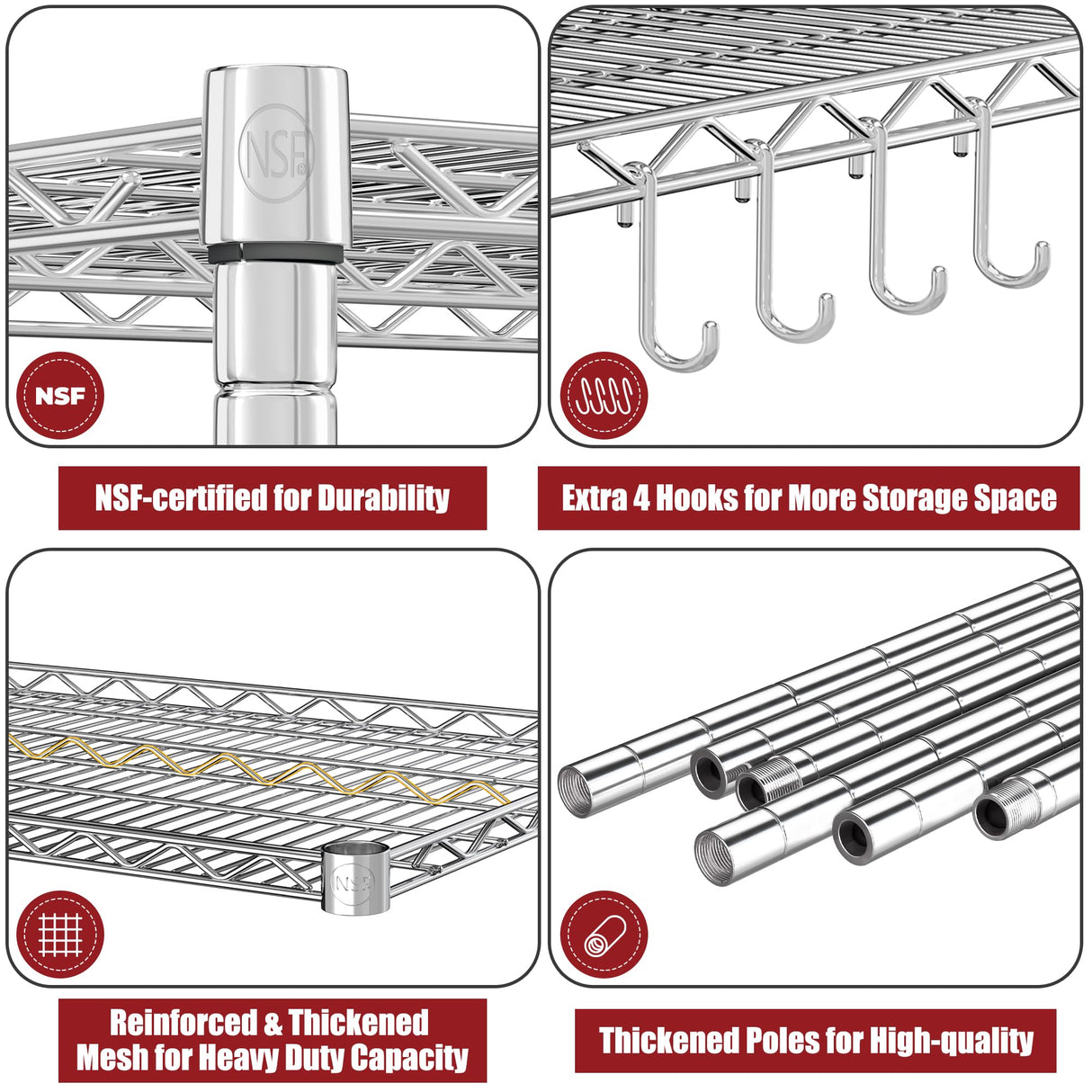 PrimeZone 4 Tier 55.5" Wx24 Dx76 H Wire Shelving with Wheels 2400lbs NSF Certified Storage Shelves Heavy Duty Metal Shelf Adjustable Rolling Rack Commercial Garage Restaurant Warehouse Kitchen Chrome PrimeZone