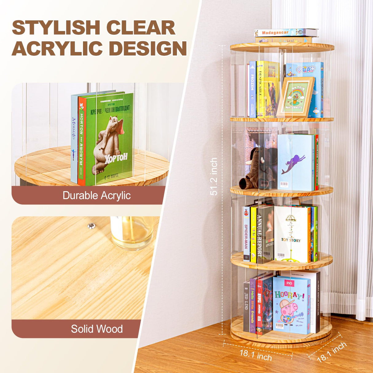 TAKEKIT 360° Rotating 4-Tier Bookshelf - Clear Acrylic & Wood Design for Playrooms, Bedrooms, and Living Rooms TAKEKIT