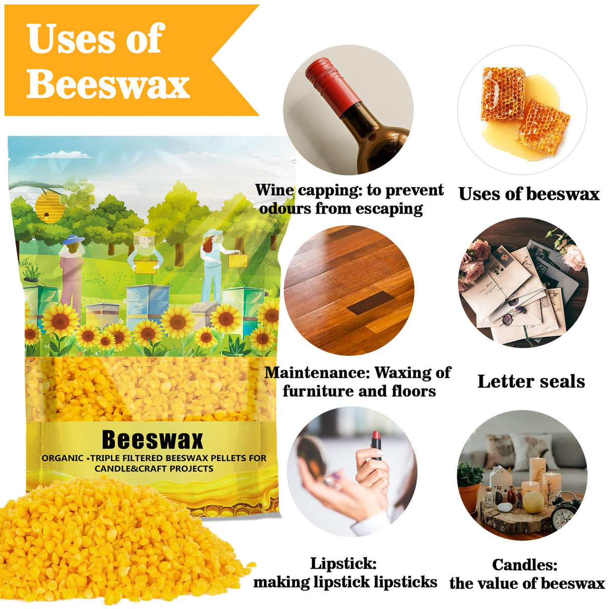 Cargen Yellow Beeswax Pellets- 430g (0.95lb) Bees Wax Pellets Triple-Filtered Organic Beeswax Pellets Cosmetic Grade for DIY Beewax Candles Skin Care Lip Balm Soap Lotion CARGEN