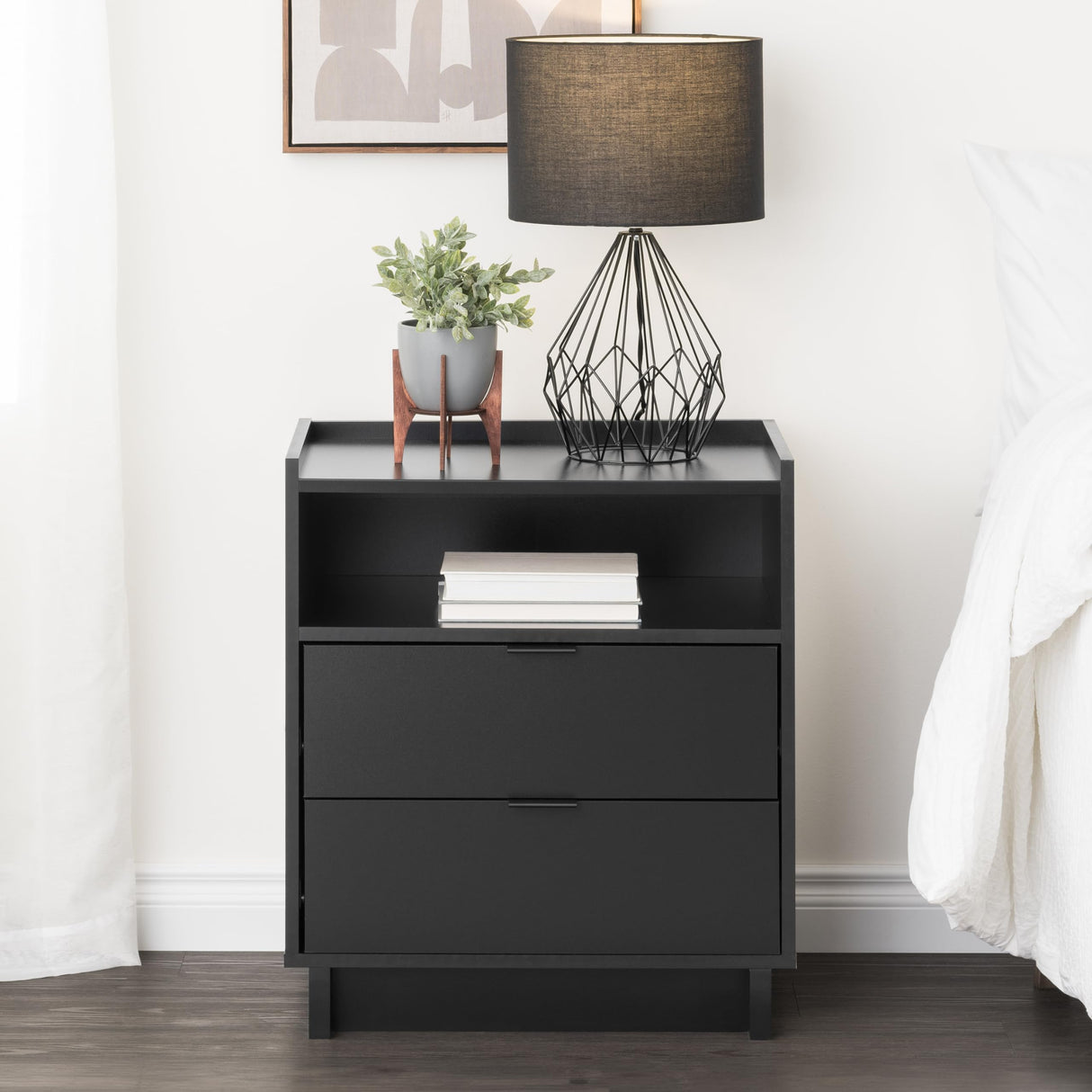 Prepac Simply Modern Nightstand Bedside Table, Black Nightstand for Bedroom, End Table with 2 Drawers and Open Shelf 23.75" W x 26.75" H x 16" D Prepac