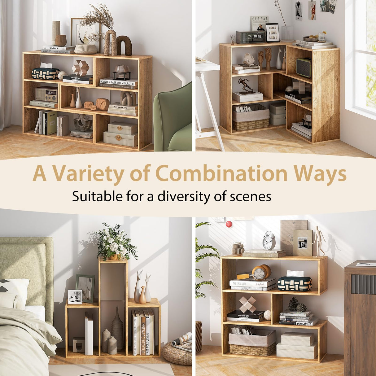 Tangkula 6 Cubes Bookcase, 2-Piece Separable Floor Standing Open Horizontal Bookshelf, Multifunctional Display Storage Shelf for Living Room Study Office (Natural, 6-Cube) Tangkula