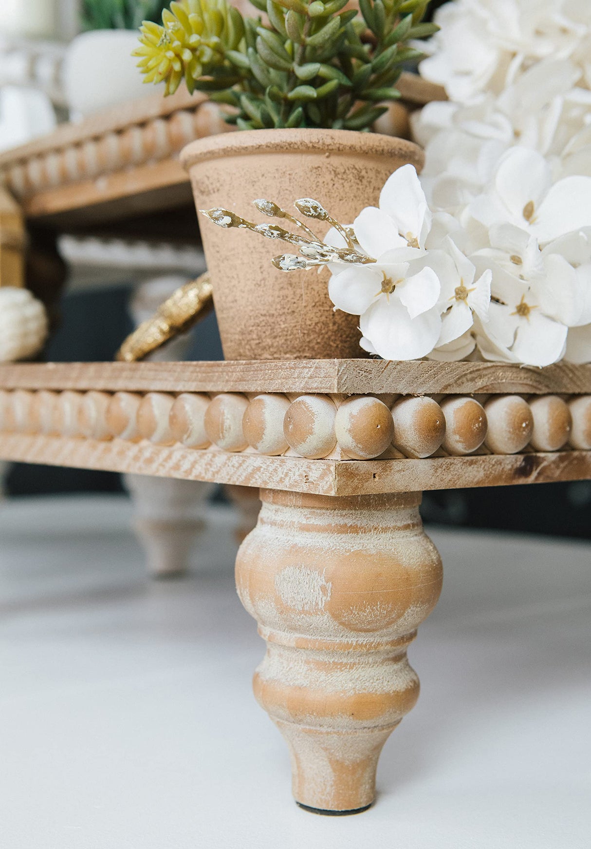 Decorative Tray Stand Display Riser - Wooden Tiered Tray Decor for Tabletop Use, Kitchen Island, Coffee Bar - Farmhouse Wood Risers, Beaded Pedestal Stand Farmhouse Kitchen Decor (Rustic Brown) Felt Creative Home Goods