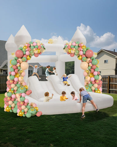 BUPPLEE Inflatable White Bounce House Jumping Castle with 480W Air Blower, 13x8x8FT Large Indoor Outdoor Bouncy Castle Theme for Kid and Adult with Slide & Ball Pit Perfect for Parties Events All Ages
