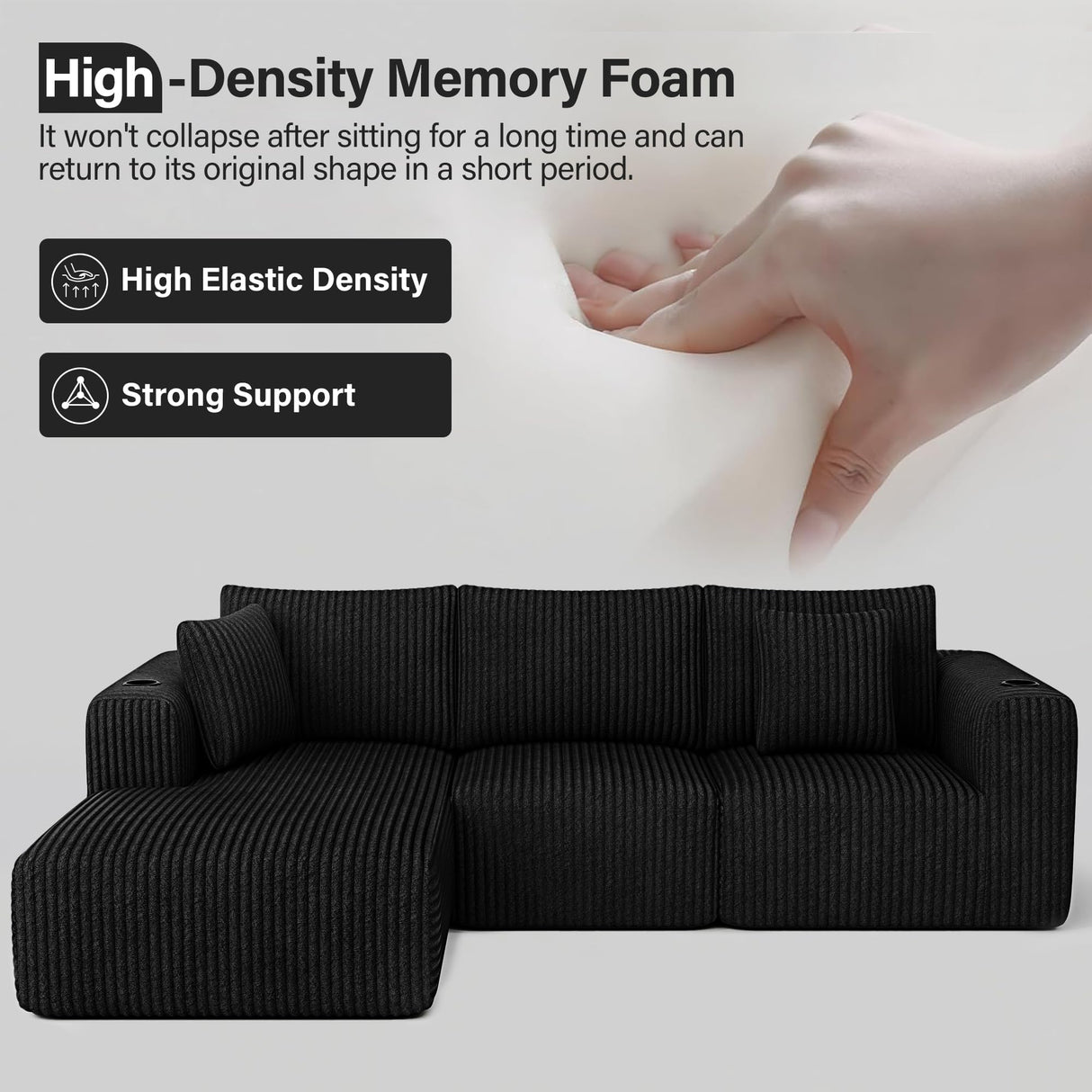 DURASPACE Modular Sectional Sofa, Cloud Boneless Couch with Deep Seat, Cup Holder, Memory Foam, Corduroy L Shaped Couch Convertible Sofa Bed for Living Room Bedroom, No Assembly Required DURASPACE