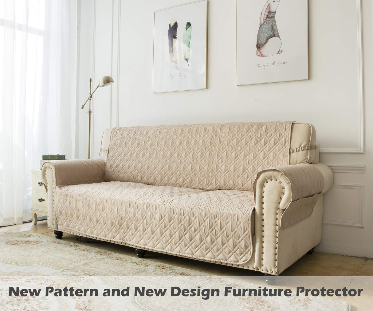 Ameritex Couch Sofa Slipcover 100% Waterproof Nonslip Quilted Furniture Protector for Dogs, Children, Pets, Machine Washable (Beige, 68") Ameritex