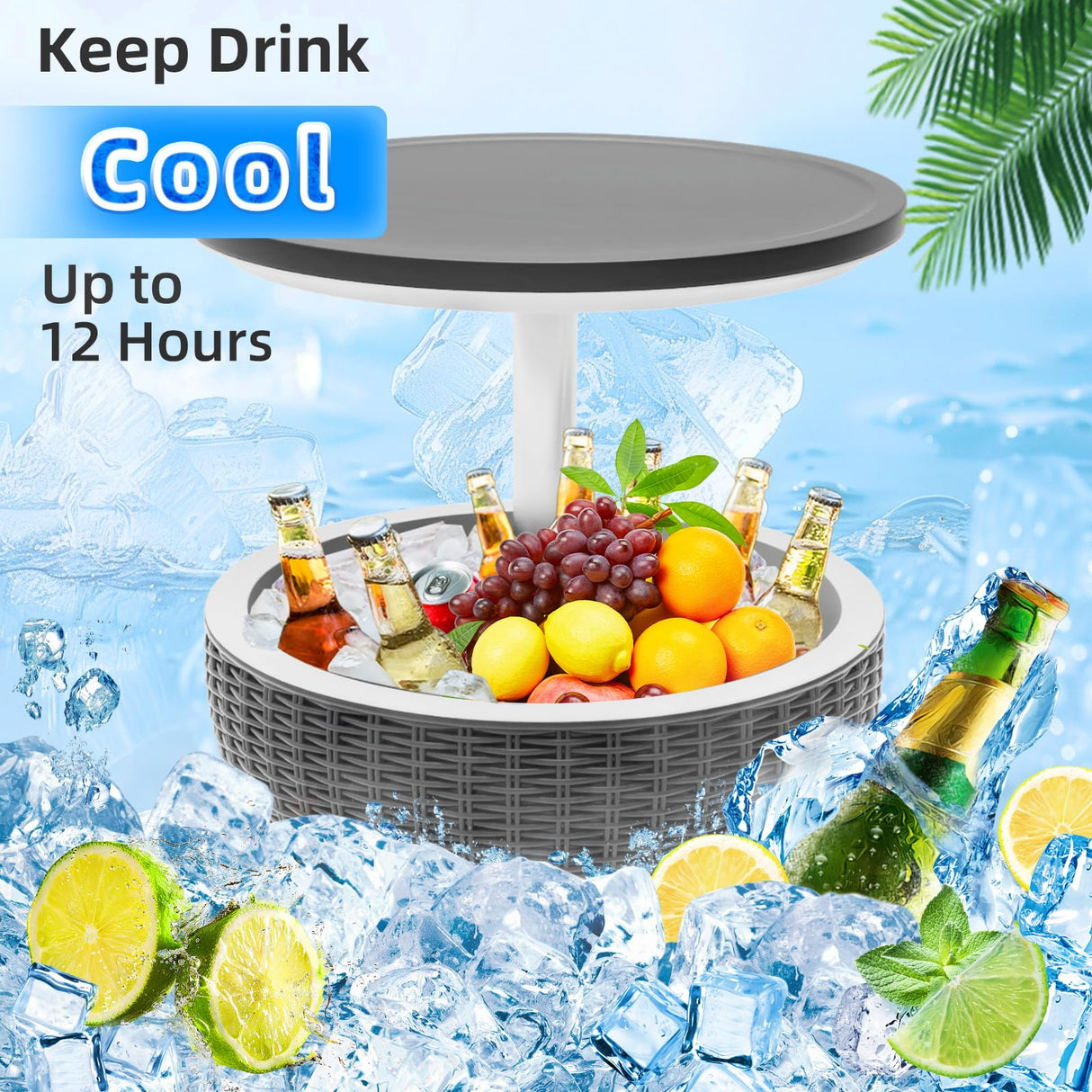 SHAREWIN Outdoor Cooler Table, Height-Adjustable Patio Bar Tables 8 Gallon Beer and Wine Cooler, 3-in-1 Rattan Style Ice Bar with Drainage Plug for Pool Party (Black) SHAREWIN