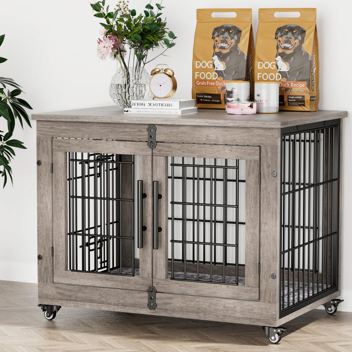 Lulive Dog Crate Furniture, Dog Kennel Indoor Double Doors Wooden Dog Cage, 33'' Heavy Duty Dog Crate with Cushion & Wheels, Decorative End Table Pet House Chew-Resistant for Medium/Small Dog, Grey Lulive