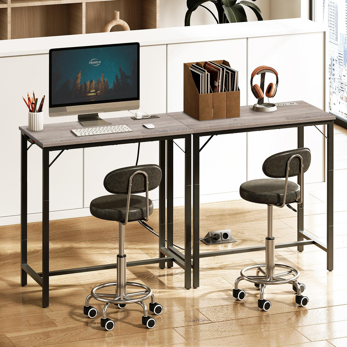 HOOBRO Bar Table with Charging Station, Rectangular Pub Table, High Top Coffee Table, Counter Bar Height Table, Narrow Long Dining Table, 35.4" L x 15.7" W x 35.6" H, Greige BG90UBT01 HOOBRO