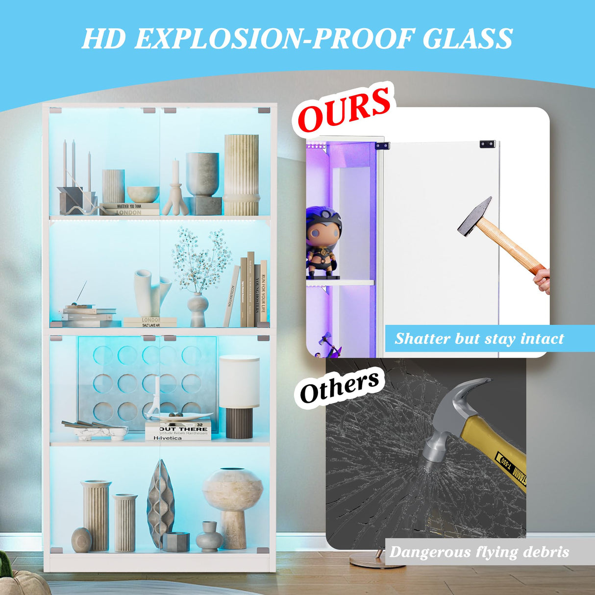 UTOASIS 65" Tall Glass Display Cabinet with Doors, 4-Tier Curio Cabinet for Collectibles with 12 LED Lights, Glass Display Case with 3 Shelves for Toys & Books, Home, Office and Playroom (White) UTOASIS